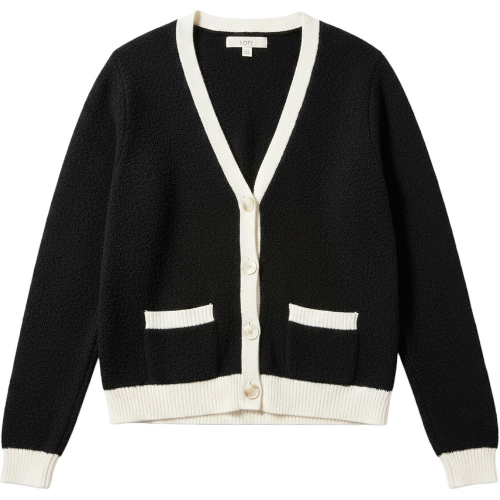 Loft Womens Black White Colorblock V-Neck Button Front Cardigan Sweater Size S